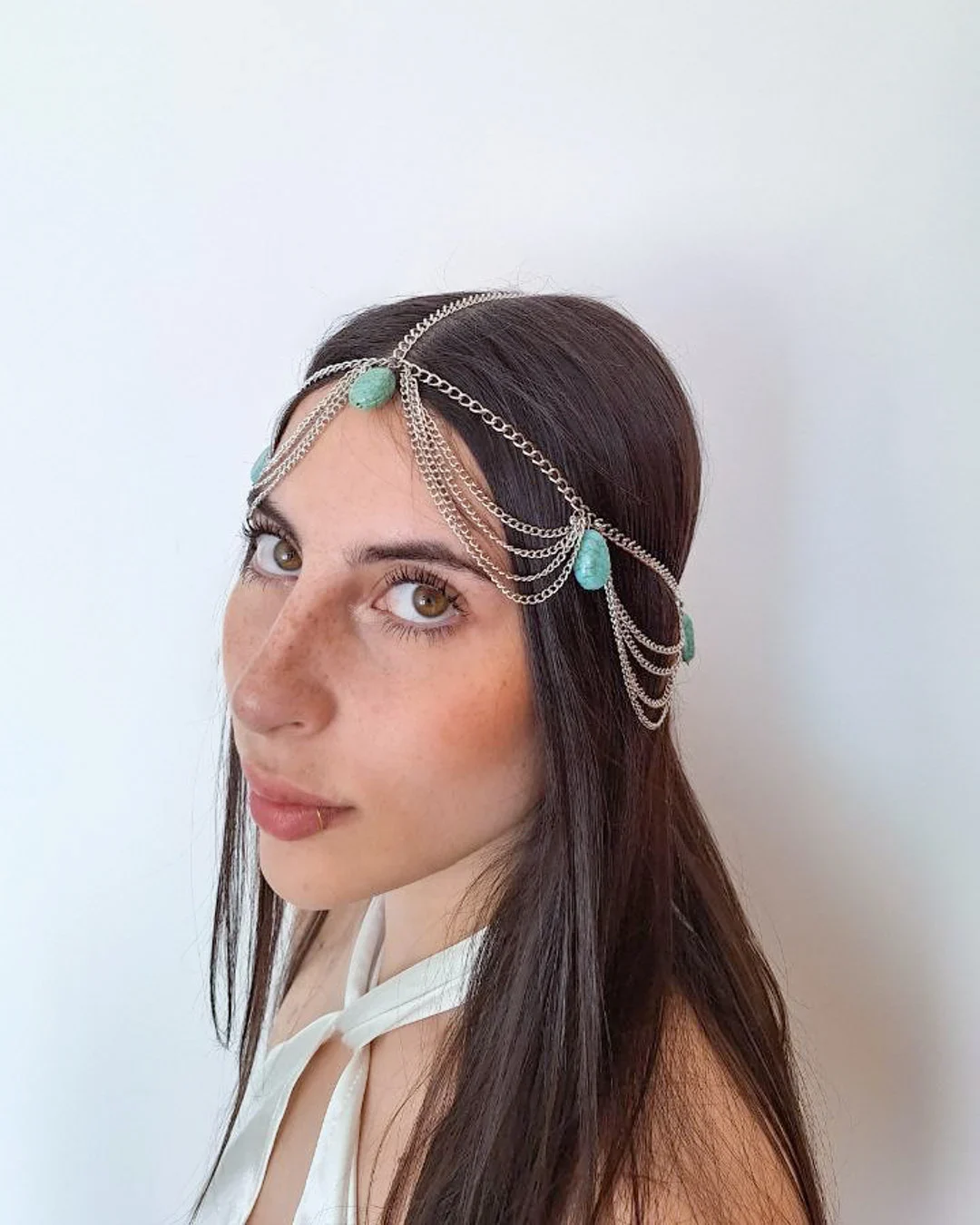 Head chain Plateado tiara piedras aguamarina