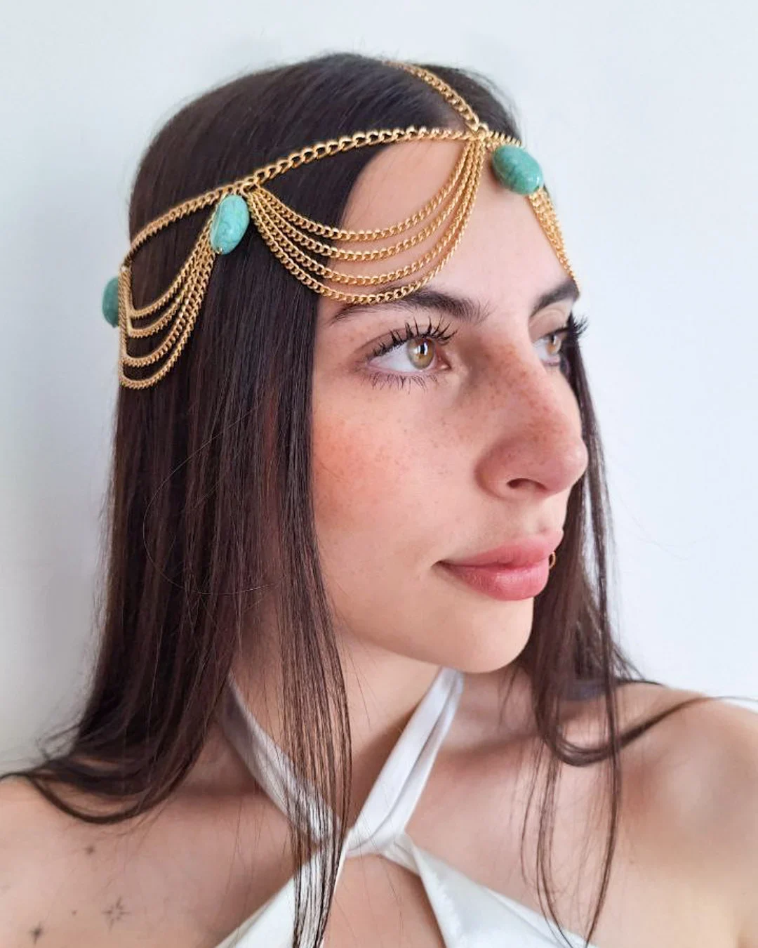 Head chain Dorada tiara piedras aguamarina